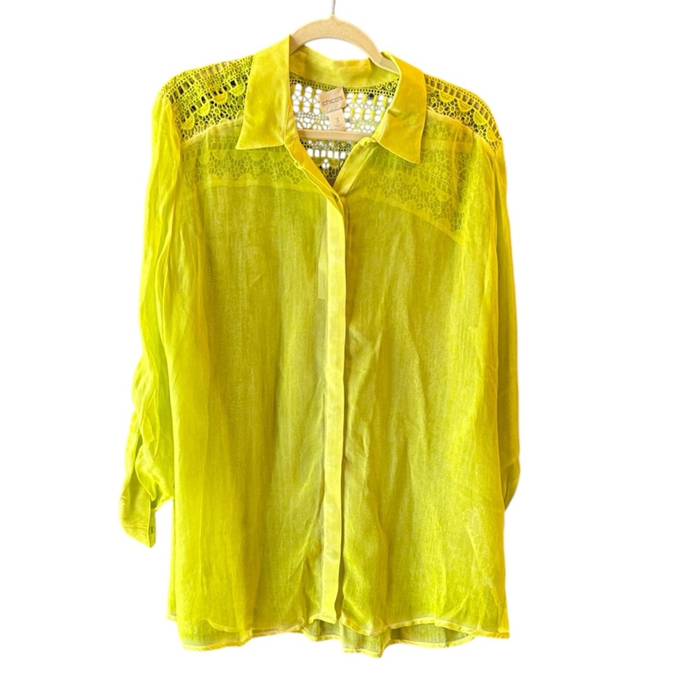 Chico's Sheer Button Down Shirt Top Wild Lime Green Yellow with Lace 3 XL/16 NWT